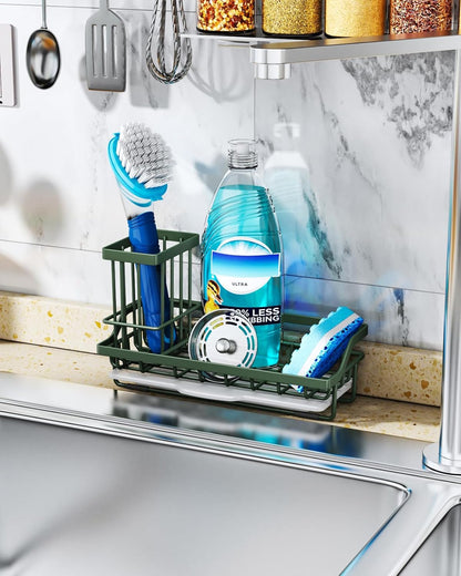 Consumest Sponge Holder for Kitchen Sink - Kitchen Sink Caddy Organizer with Removable Drip Tray for Countertop Dish Soap Dispenser Brush Storage Accessories 304 Stainless Steel - Black