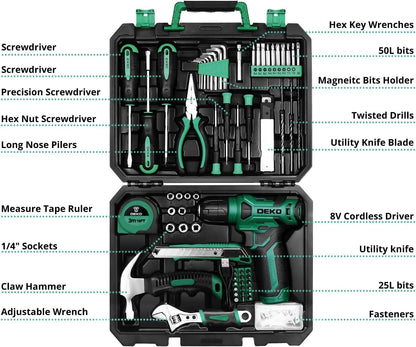 DEKOPRO Tool Set：Tool Kit with 8V Cordless Drill,Tool Box with Drill,Hand Drill Set for Men & Women,Home Tool Kits for House Repair,Handyman,DIY 126 Piece