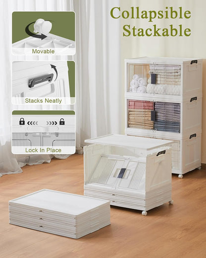 OlarHike 144QT Lockable Storage Bins with Lids - Folding Cabinet with Doors & Wheels, Collapsible Plastic Drawers for Dorm, Closets, Office, Game Day, College, Stackable Organizer, Gifts, 3 Pack