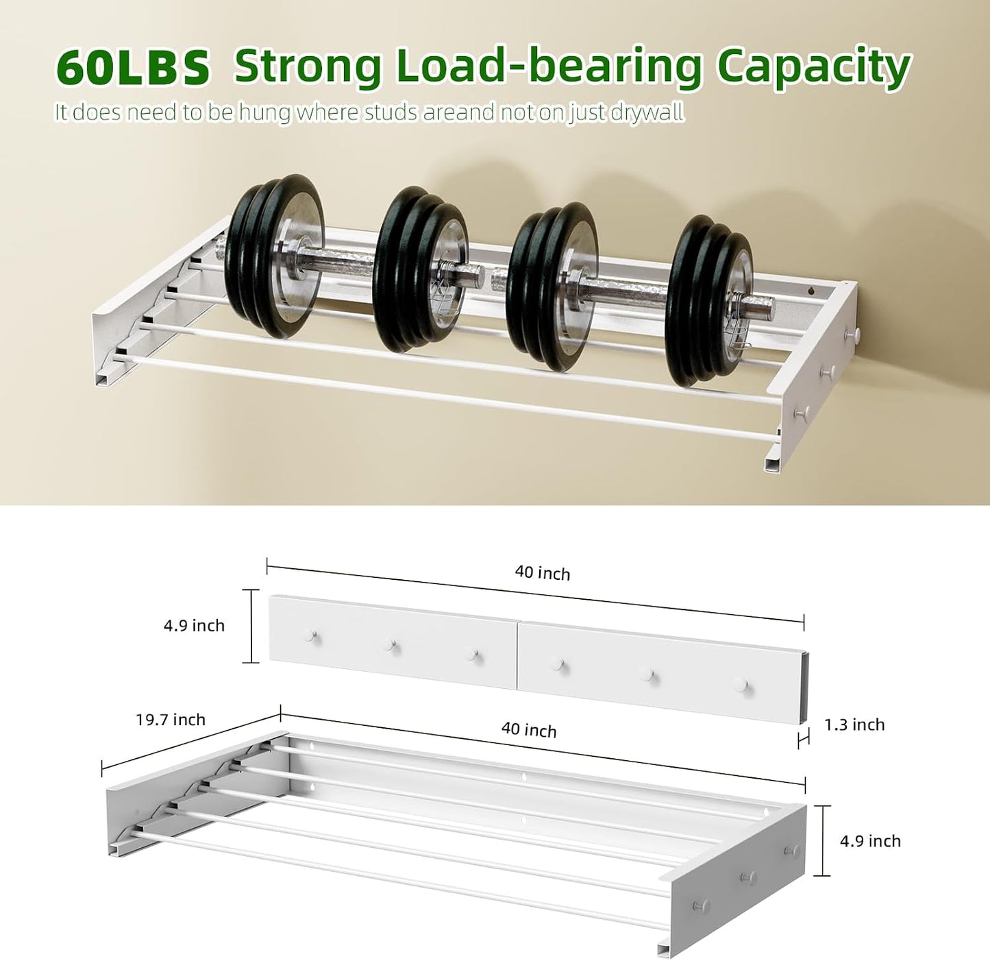 Wall Mounted Drying Rack 23.6'', Foldable Laundry Drying Rack Wall Mount with 4 Towel Hooks and 4 Rods, Space Saving Drying Rack Clothing for Indoor Outdoor Bathroom Balcony (White, 23.6'')