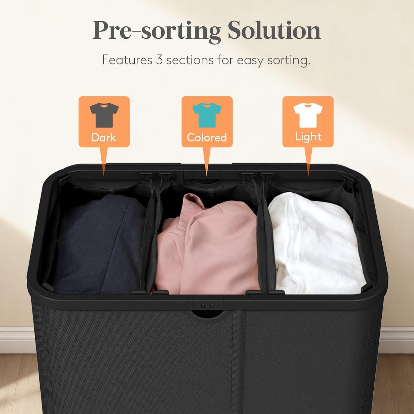 Lifewit 185L 3 Section Laundry Hamper with Lid, Large Laundry Basket with Handles and Removable Bags, Tall Clothes Hamper, Foldable Laundry Sorter for Bedroom Bathroom, Beige