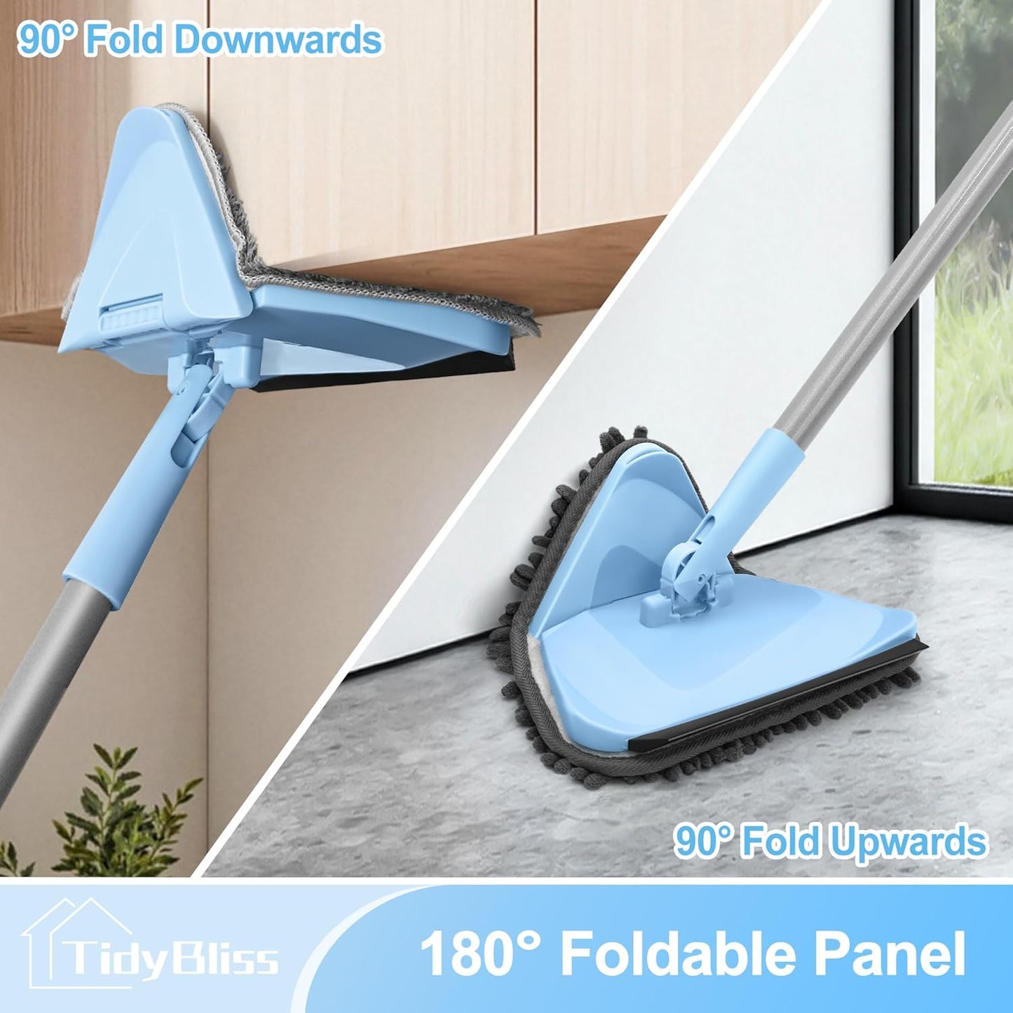 TidyBliss Wall Cleaner Mop with 80” Long Handle, 360° Swivel Ceiling Duster Scrubber with Collapsible Head, Baseboard Cleaning Tool with 4 Chenille and 2 Microfiber Pads for Windows Floor (Blue)