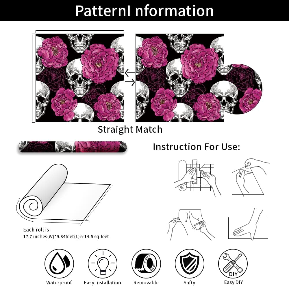 Floral Peel & Stick Wallpaper - Boho Removable Wallpaper for Bedroom & Bathroom - Black/Sand/Oliva - Easy Peel Off - Vintage - Renter Friendly - 118.1" X 17.7"