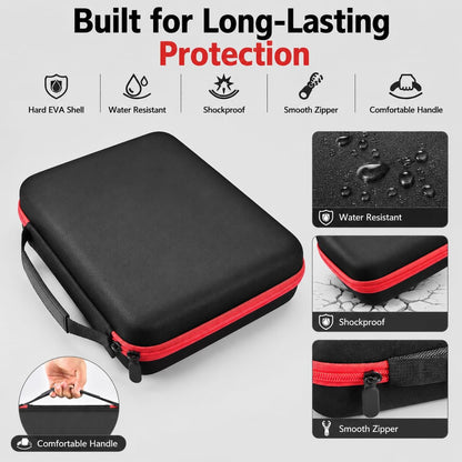 Comecase Battery Storage Case with Tester, Holds 148+ AA AAA C D 9V, Black | Hard-Shell Design, Carry Handle and Custom Foam Slots Keep Batteries Visible, Separated and Ready for Home, Garage or Office