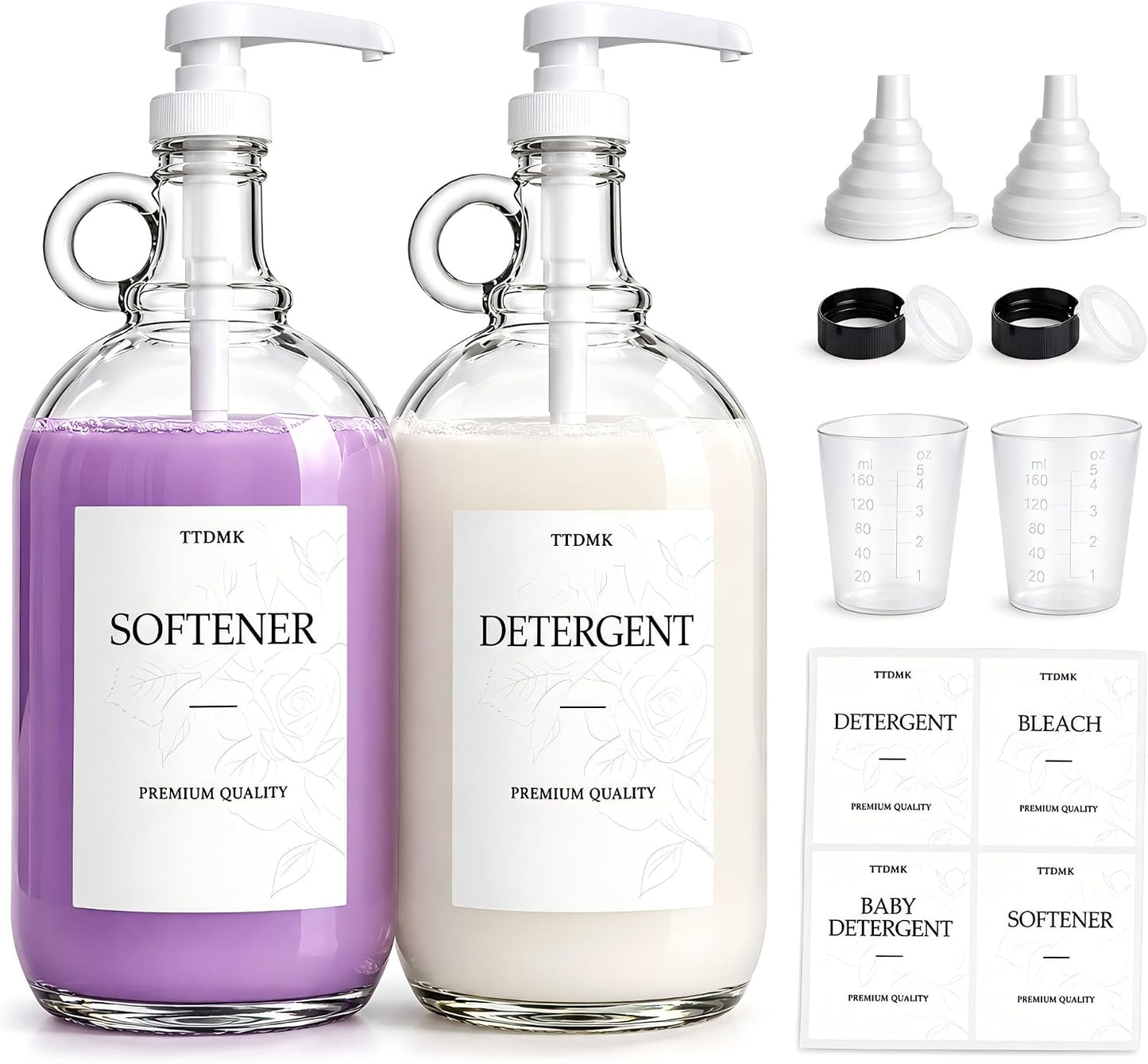 2 Pcs Glass Liquid Laundry Detergent Dispenser, Half Gallon Laundry Soap Dispenser for Laundry Room (64 oz. Each), Laundry Detergent Bottles with Pump Dispenser -Includes Labels, Funnel, Measuring Cup