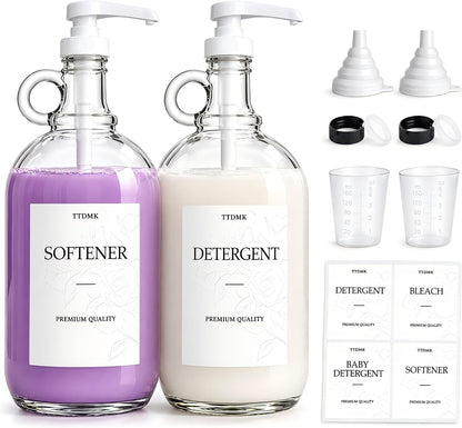 2 Pcs Glass Liquid Laundry Detergent Dispenser, Half Gallon Laundry Soap Dispenser for Laundry Room (64 oz. Each), Laundry Detergent Bottles with Pump Dispenser -Includes Labels, Funnel, Measuring Cup