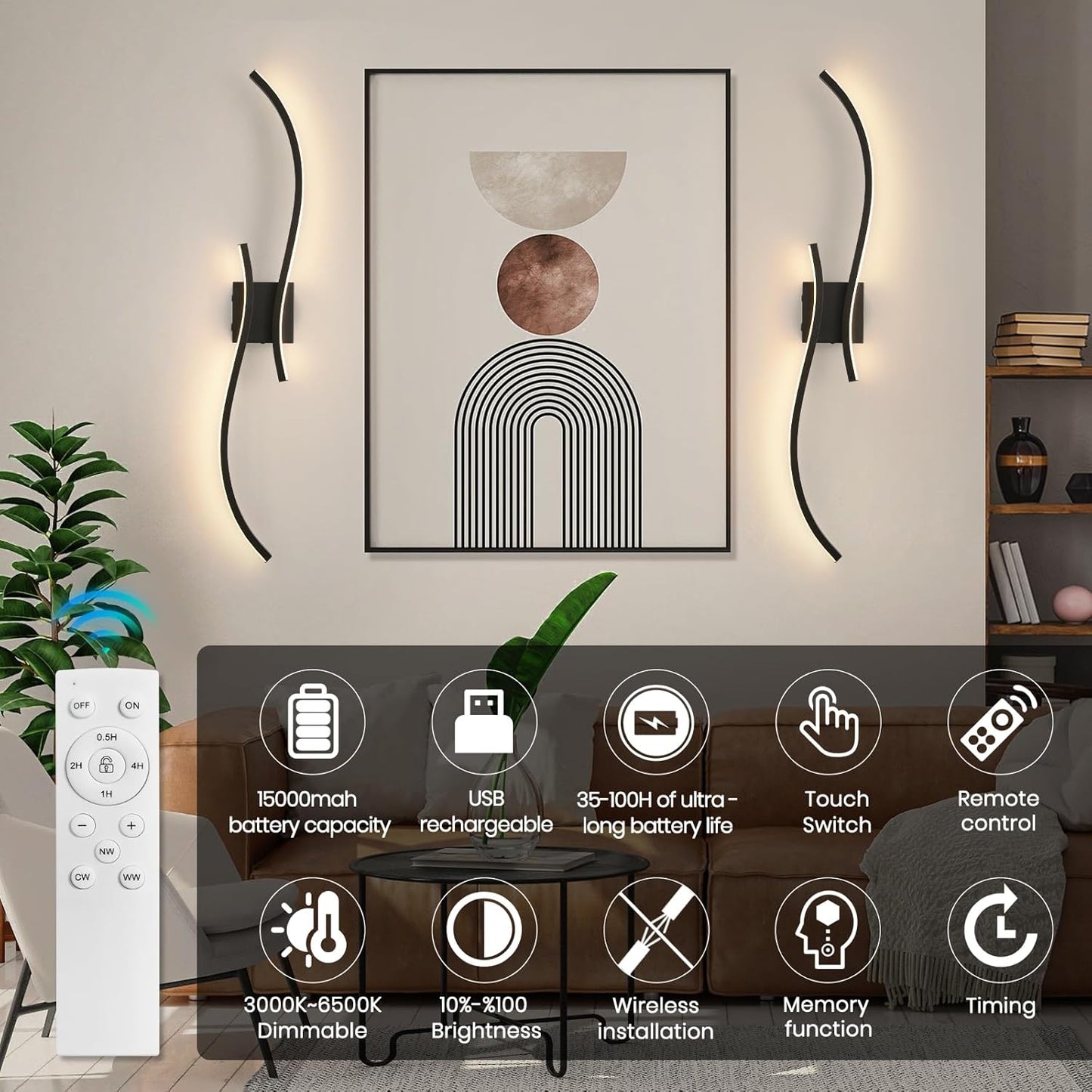 CANEOE Battery Operated Wall Sconce Set of 2, 18000mAh Gold Rechargeable Wall Lights with Remote Control,3000K-6000K Dimmable LED Wireless Wall Light for Living Room Bedroom Hallway,39.3 Inch (Gold)