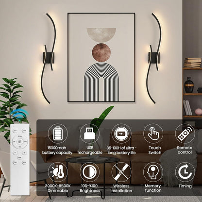 CANEOE Battery Operated Wall Sconce Set of 2, 18000mAh Gold Rechargeable Wall Lights with Remote Control,3000K-6000K Dimmable LED Wireless Wall Light for Living Room Bedroom Hallway,39.3 Inch (Gold)