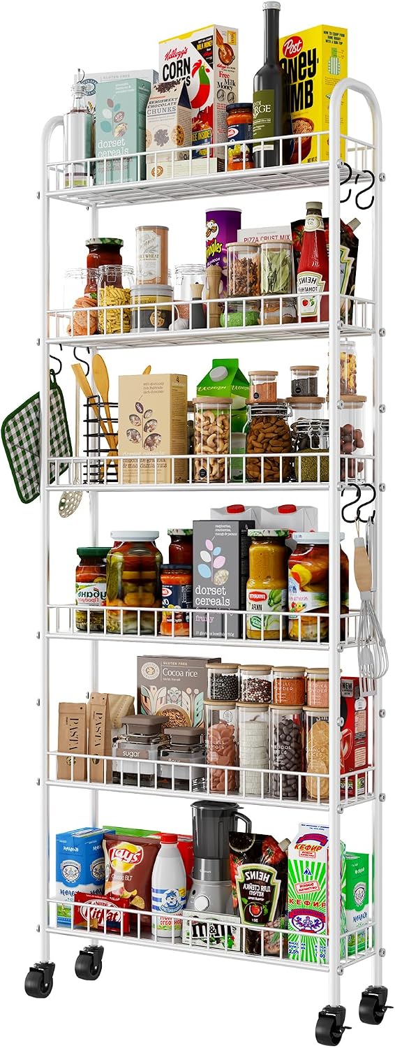 Slim Rolling Storage Cart with Wheels, Metal 6 Tier Spice Rack Mobile Shelving Unit Organizer Kitchen Utility Cart for Office Bathroom Kitchen Laundry Room Narrow Places (6inches)