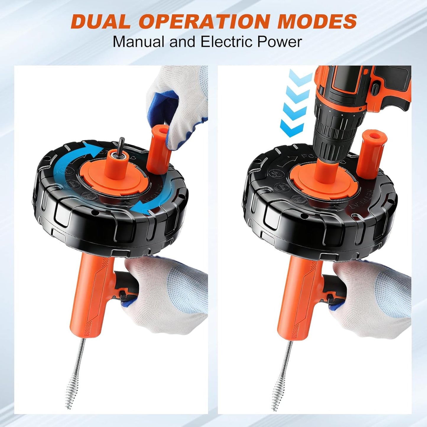 Auto-Feed Drain Snake Auger 25 ft with Drill Adapter, Plumbing Snake Drain Hair Removal Tool, Drain Auger Snake Hair Drain Clog Remover for Shower Kitchen Bathroom Sink, Come with Gloves