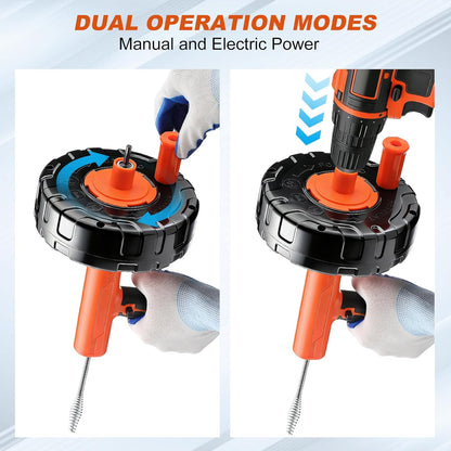 Auto-Feed Drain Snake Auger 25 ft with Drill Adapter, Plumbing Snake Drain Hair Removal Tool, Drain Auger Snake Hair Drain Clog Remover for Shower Kitchen Bathroom Sink, Come with Gloves