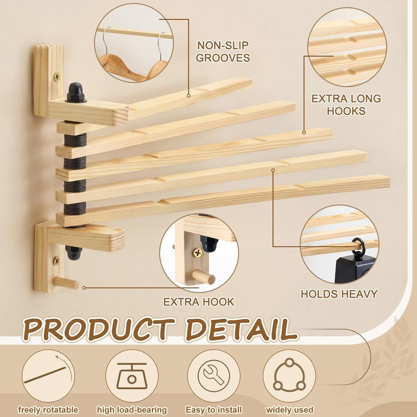 9 x 13 Inch Wood Swivel Towel Rack Wall Mounted Foldable Drying Rack with Anti-Slip Arms, Space Saving Towel Holder for Bathroom Laundry Room Closet, Pine Wood Hanger (5 Bar)