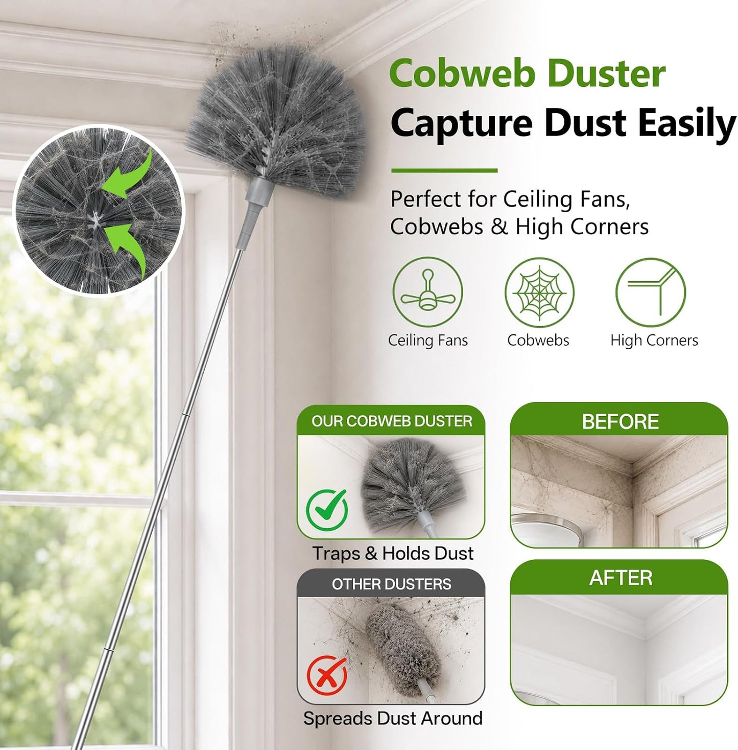 100-inch Duster with Extension Pole, 9-in-1 Cobweb Duster Kit Includes Spider Web Brush & Flat Gap Cleaner for High Ceiling, Fan, Under Appliances, Car, Home Deep Cleaning