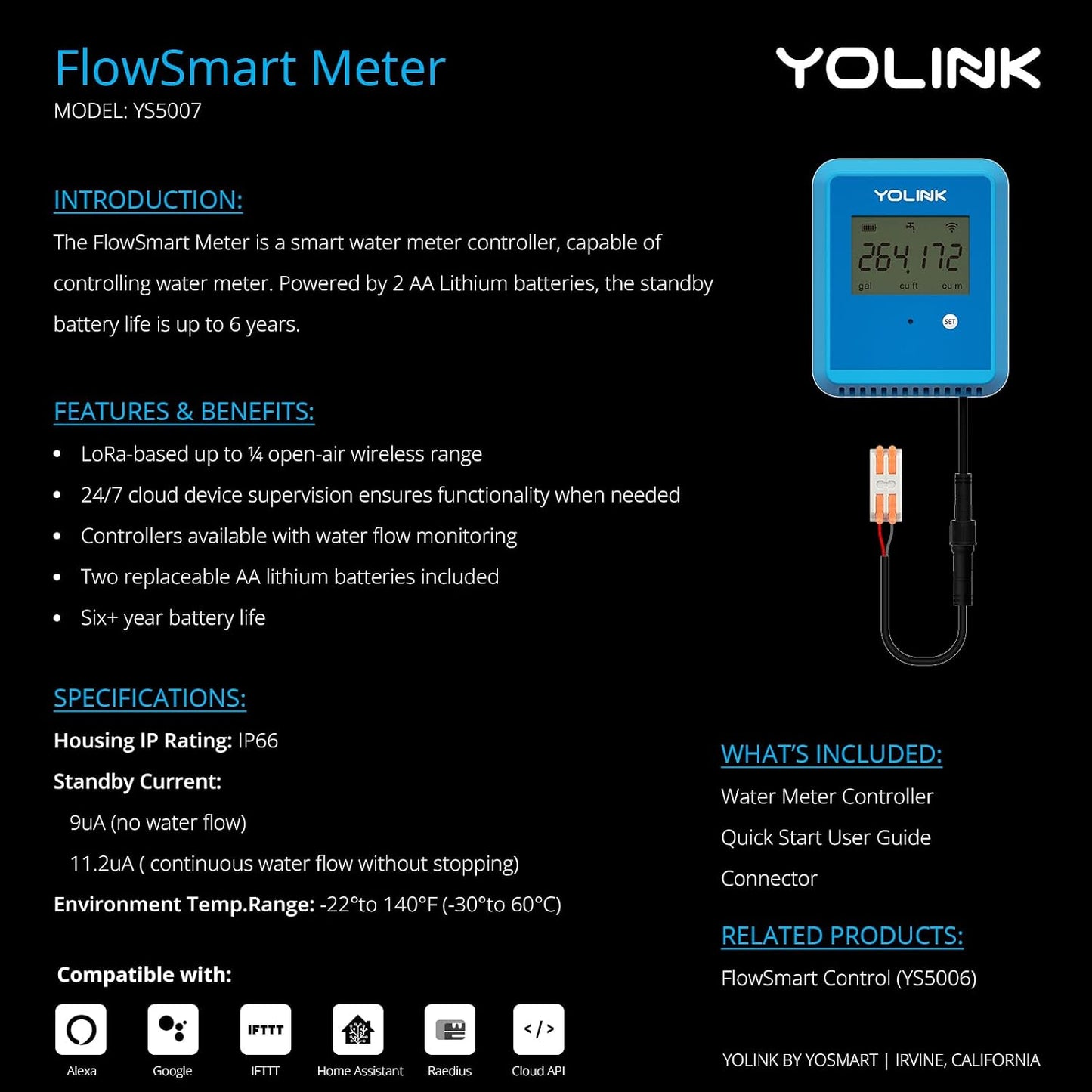 YoLink FlowSmart NSF Water Meter, Smart Water Usage Monitor and Water Leak Detection: 0.5 Inch Advanced Smart Home Water Meter, Hub Included