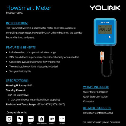 YoLink FlowSmart NSF Water Meter, Smart Water Usage Monitor and Water Leak Detection: 0.5 Inch Advanced Smart Home Water Meter, Hub Included