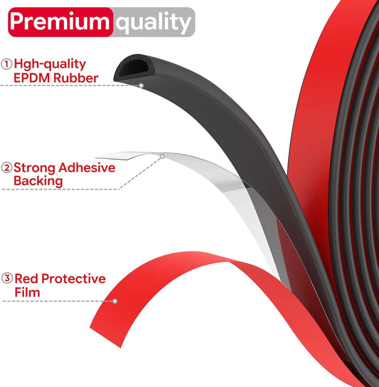 26 Feet Weather Stripping Door Seal Self Adhesive EPDM Foam Rubber Seal Strip D-Shaped Door Weather Stripping for Door and Window, RV, Boat, Auto, Truck, Marine, W:0.75"; H:0.375"