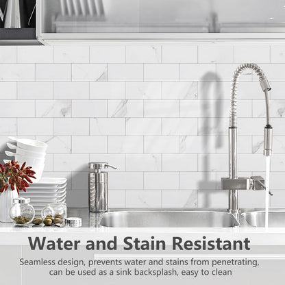 STICKGOO 100-Pieces Peel and Stick Backsplash, 3" x 6" PVC Wall Tile, Marble White Stick on Backsplash for Kitchen/Bathroom/Fireplace