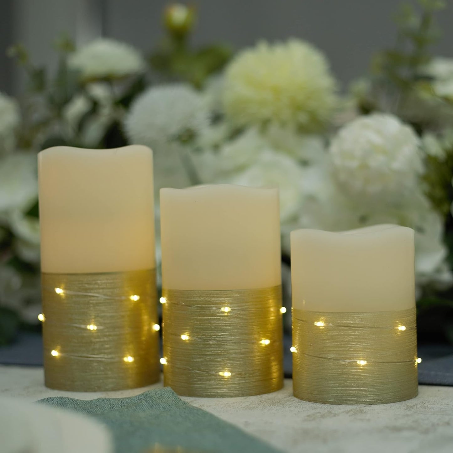 H-BLOSSOM Flickering Flameless Candles Ivory Real Wax Pillar with Embedded String Lights LED Candles Battery Operated with 10 Key Remote and Cycling 5H Timer Set of 3 (3" x 4"/5"/6") (Silver)