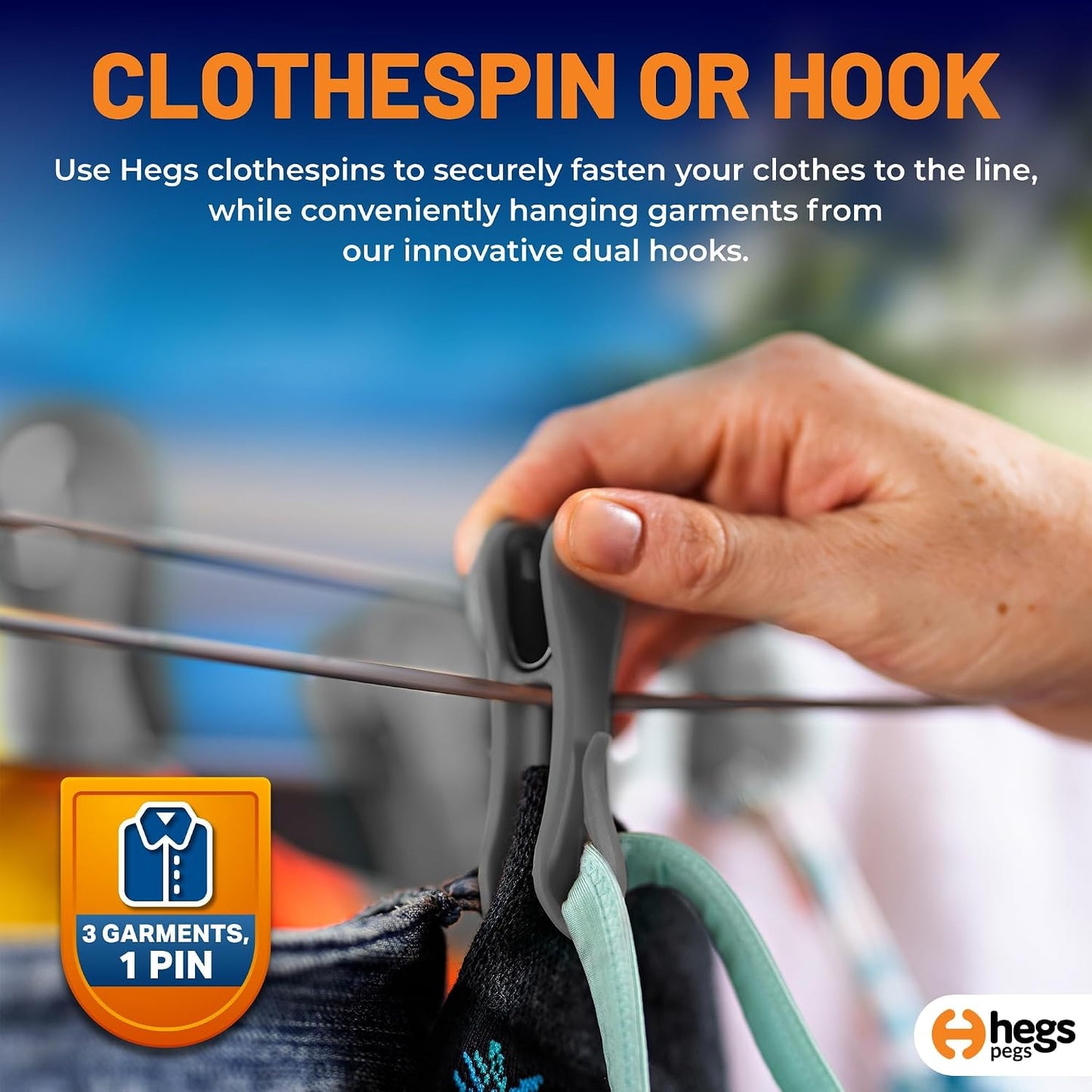 Hegs 24 Pack Multi-Color - The Smartest Heavy Duty Clothespins with Hooks - Hang 3 Garments at Once with Our Tough, Dual Hooks Clothes Pins with Anti-Rust Spring - Durable, Colorful Clothespins