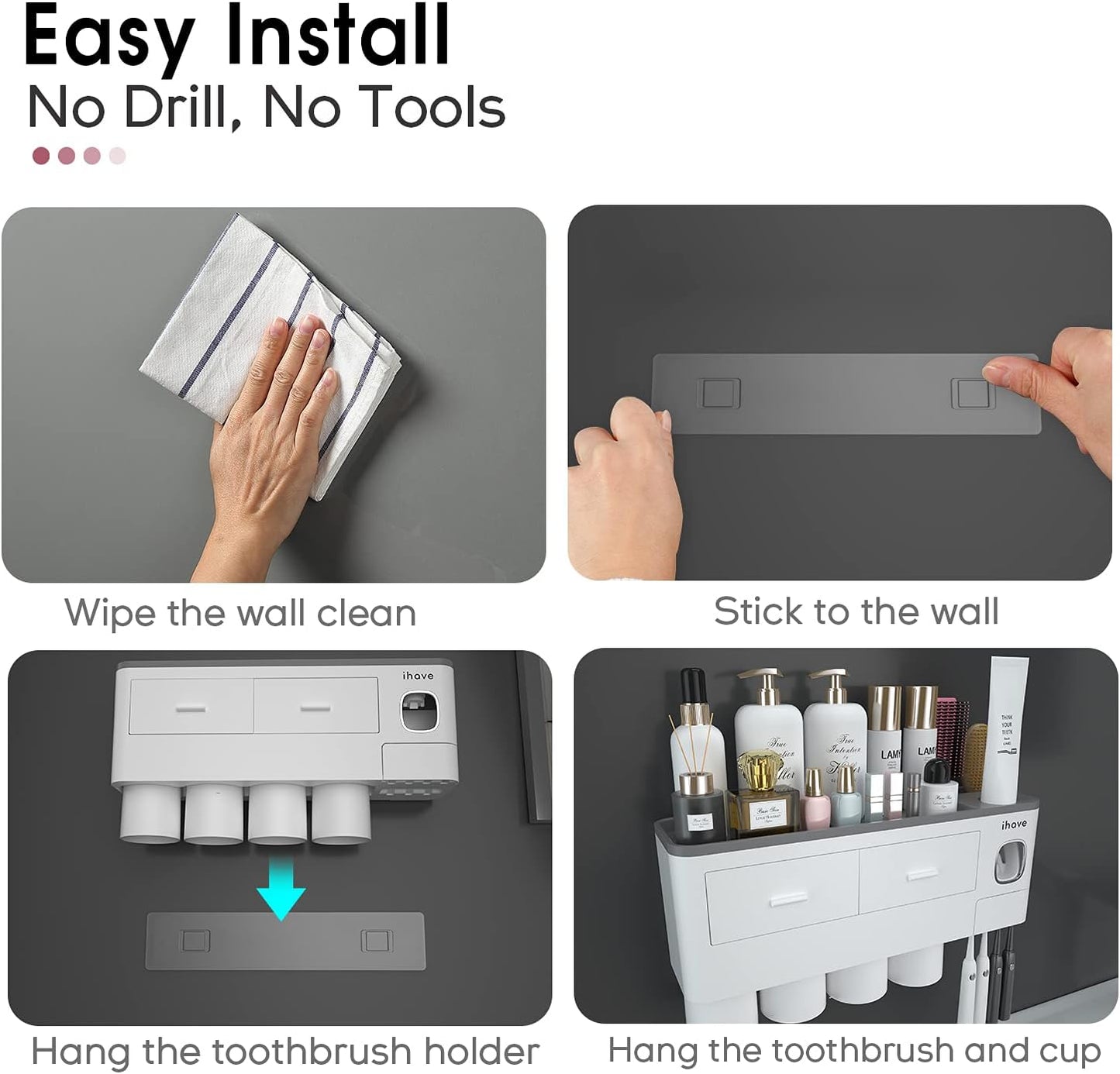 iHave Toothbrush Holders for Bathrooms, 2 Cups Toothbrush Holder Wall Mounted with Toothpaste Dispenser - Large Capacity Tray, Cosmetic Drawer - Tooth Brushing Holder & Bathroom Accessories