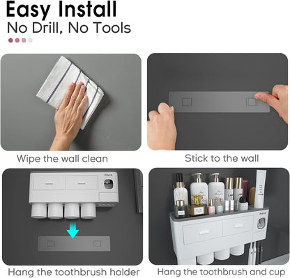 iHave Toothbrush Holders for Bathrooms, 2 Cups Toothbrush Holder Wall Mounted with Toothpaste Dispenser - Large Capacity Tray, Cosmetic Drawer - Tooth Brushing Holder & Bathroom Accessories
