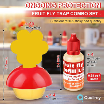 Qualirey Fruit Fly Trap for Indoors, 4 Pack Fruit Fly Trap with 4 Refill Liquid and 60 Yellow Sticky Pads, Safe Near Pets, Food and Kids, Fruit Flies Lure Liquid Trap for Home Kitchen