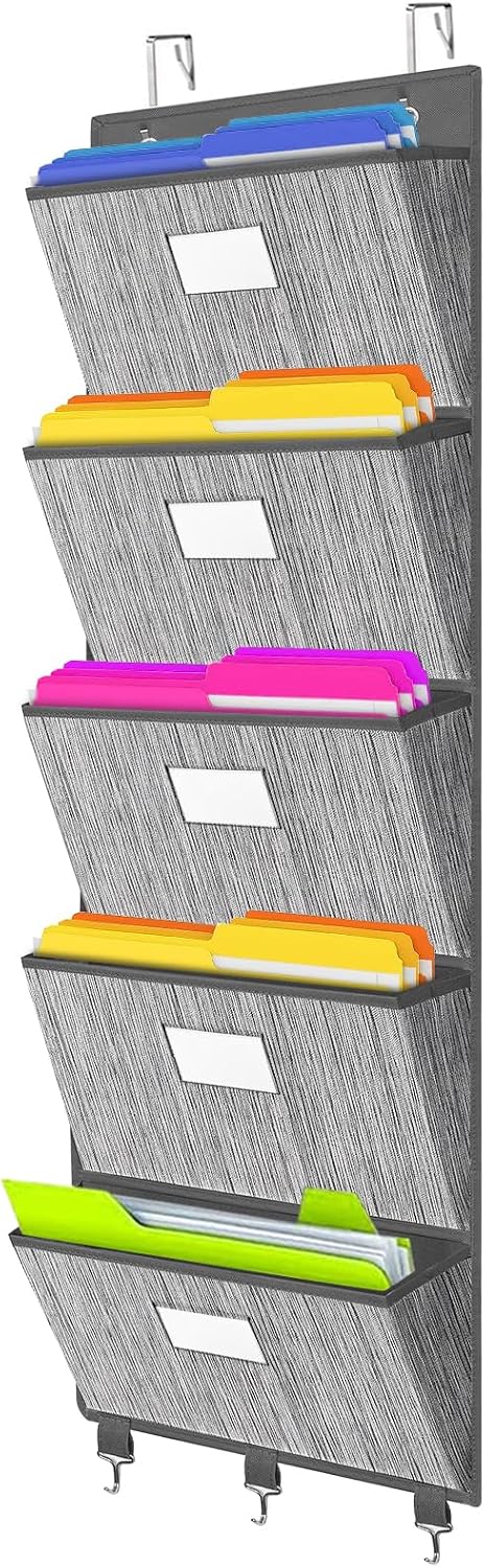 homyfort Over the Door File Organizer, Wall Hanging File Folders with 5 Large Pocket for Mails, Magazines, Back to School Supplies,Office Chart Storage, Paper Organization (Grey)