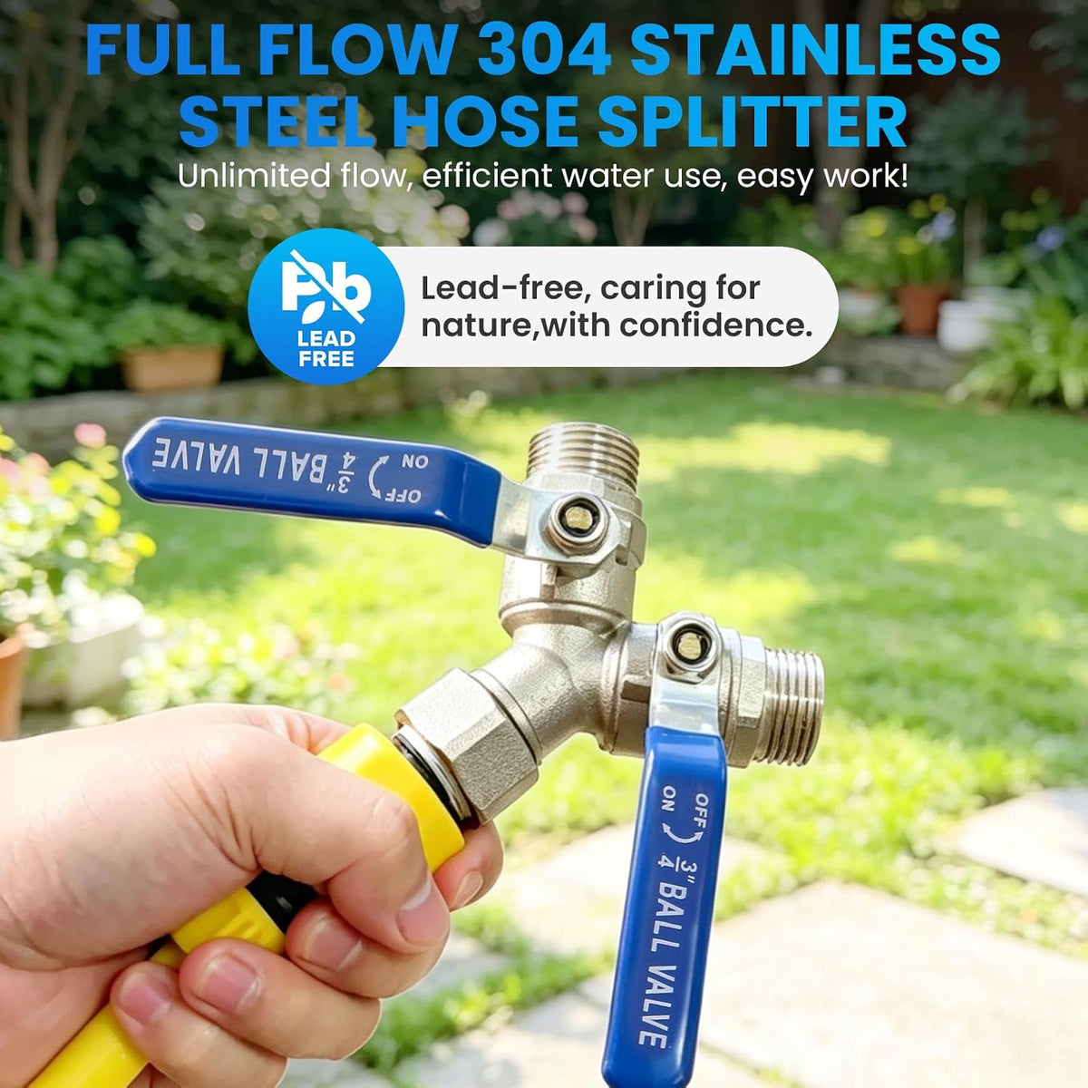 2 Way Garden Hose Splitter, 304 Stainless Steel Full Flow Y Valve with Long Blue Handle, Lead-Free 3/4" GHT Thread Hose Connector for Outdoor Faucet, Independent Shut Off Valves