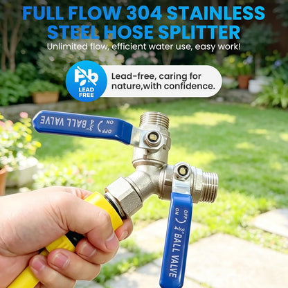 2 Way Garden Hose Splitter, 304 Stainless Steel Full Flow Y Valve with Long Blue Handle, Lead-Free 3/4" GHT Thread Hose Connector for Outdoor Faucet, Independent Shut Off Valves