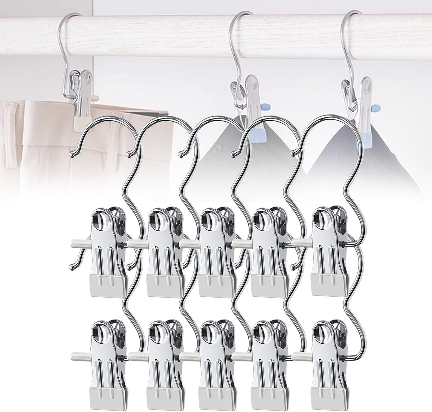 Space-Saving Clothespin Hat Pants Storage Hanging Travel Hook, Stainless Steel Boot Hangers Clips Boot Hangers for Closet, Laundry Hooks Hanging Clips Clothes Pins Socks Towel Clips (Black, 10Pcs)