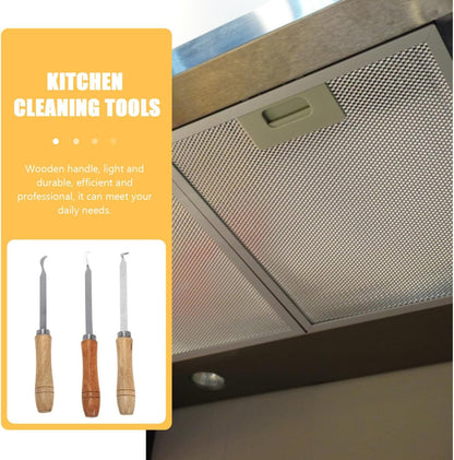 Range Hood Wind Wheel Scraper Kitchen Cleaning Tool Set with Wooden Handle Stainless Steel 3-Piece for Removing Stubborn Grease and Dust