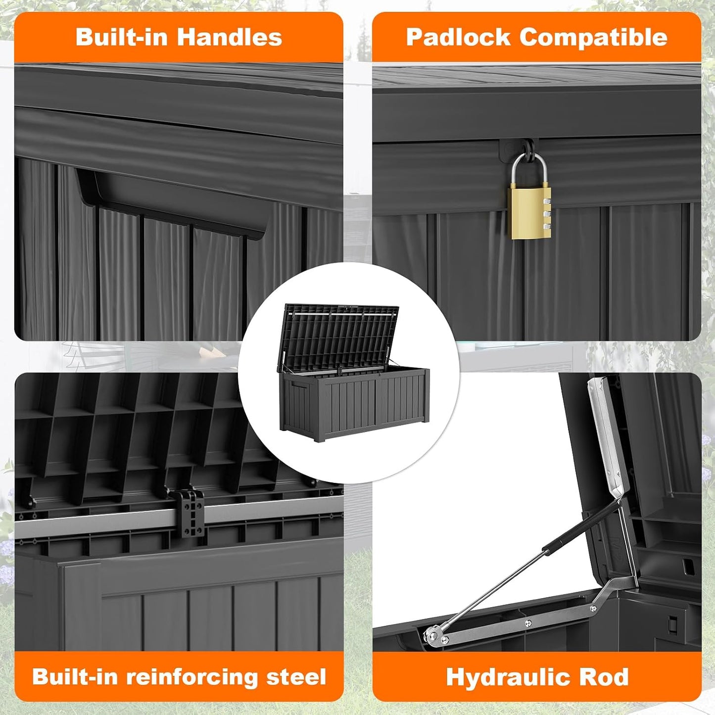 DRATO 180 Gallon Outdoor Storage Box, Large Waterproof Deck Box, Lockable Resin Storage Container with Reinforced Support for Patio Cushions, Garden Tools, UV-Resistant Outdoor Chest（Black，180 Gallon）