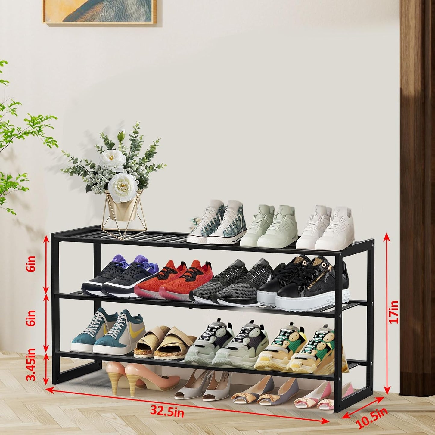 Jripae 5 Tier 32.5*10.5*30.3in Bamboo Shoe Rack for Closet Entryway Bedroom | Stackable Shoe Shelf Holder for Men/Women Hallway/Garage, Bookshelf, Flower Rack, Home Space Saving