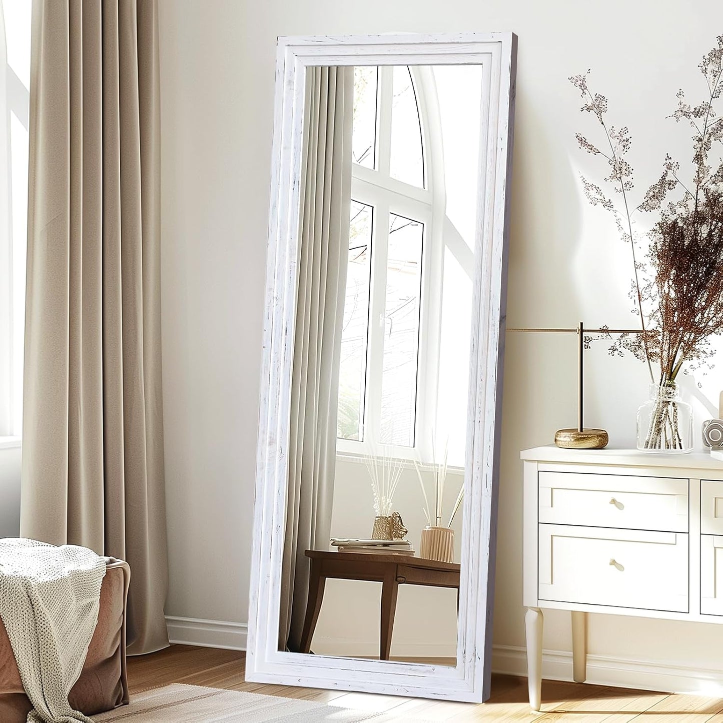 65"x22" Full Length Mirror Solid Wood Frame Floor Mirror with Stand for Living Room, Bedroom Hanging Standing or Leaning, Brown