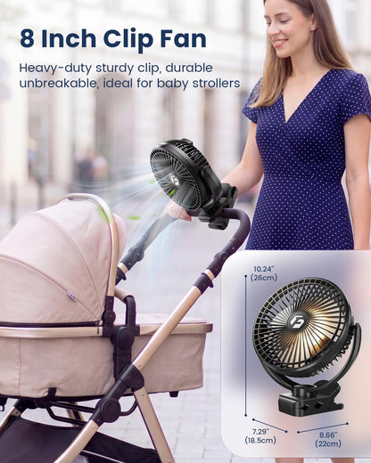 FRIZCOL 20000mAh 8 Inch Portable Clip On Fan,Battery Operated Golf Cart Fan with Lights, USB Fans Small Desk Fans Personal Quiet Fans for Office Stroller Bedroom and Camping