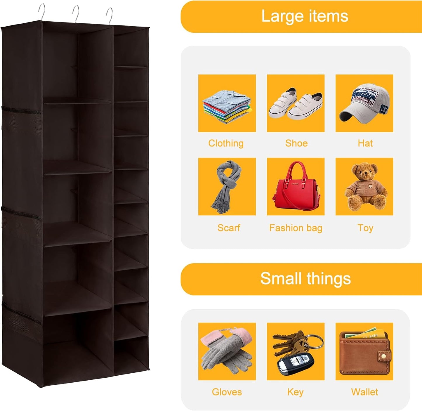 Libeder Shoe Organizer for Closet, 15 Shelf Hanging Closet Storage Shelves - 10 Shoe Rack Organizer and 5 Compartment for Clothes with 6 Side Mesh Pockets for Scarves Socks,Gloves, Grey