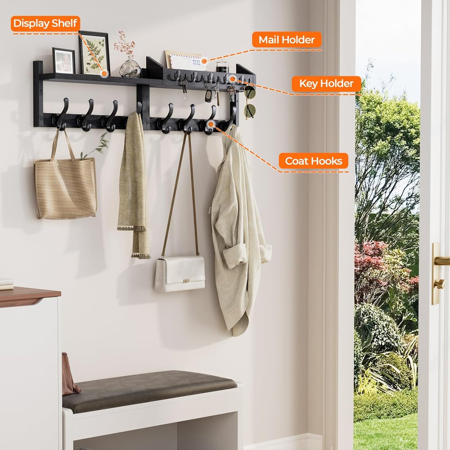 Evermagin 29" Coat Rack Wall Mount with Shelf, 4 in 1 Coat and Key Hanger with 11 Metal Hooks, Entryway Wall Mounted Shelf with Mail Holder for Living Room, Bedroom, Rustic Brown