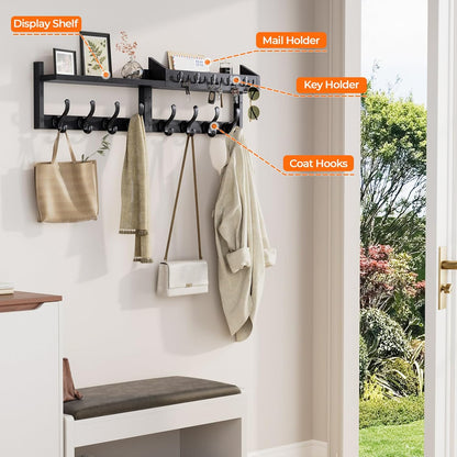 Evermagin 29" Coat Rack Wall Mount with Shelf, 4 in 1 Coat and Key Hanger with 11 Metal Hooks, Entryway Wall Mounted Shelf with Mail Holder for Living Room, Bedroom, Rustic Brown