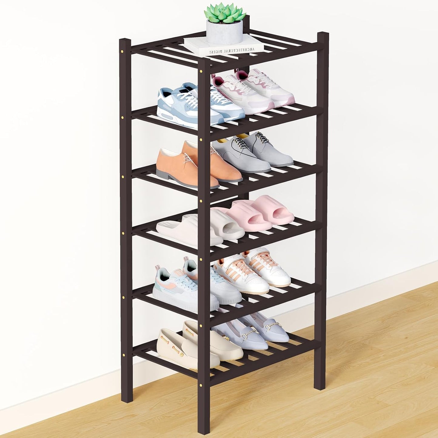 Smiry Bamboo Shoe Rack for Closet, 3 Tier Wooden Shoe Organizer, Stackable Wood Shoe Storage Shelf for Entryway, 14 Vertical Slats, One-piece Heavy-Duty Legs, 26.77"x11.02"x18.31", Natural