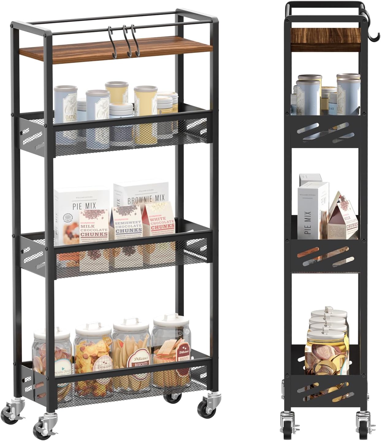 DGSNADGO Slim Rolling Storage Cart, 4-Tier Kitchen Cart on Wheels, Narrow Utility Cart with Handle and Wooden Tabletop for Small Space in Kitchen, Living Room, Bathroom, Laundry Room, Beige and White