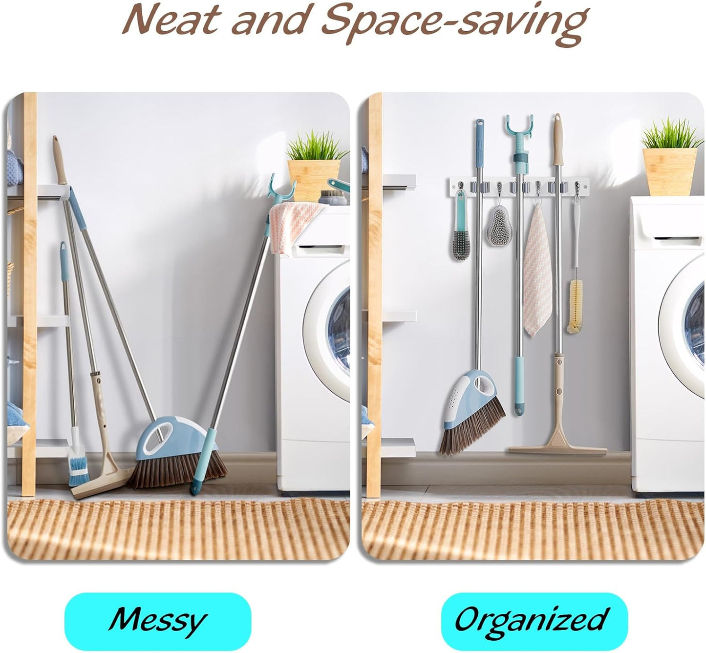 OUTNILI Mop and Broom Holder Wall Mount - Wood Broom Mop Hanger - Wall Mounted Garden Tool Rack Organizer for Closet Garage Laundry Room for Rustic Kitchen Decor With 5 Slots & 4 Hooks