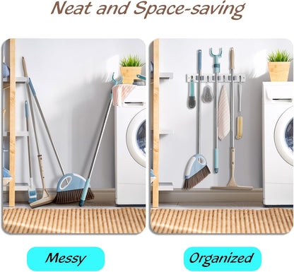 OUTNILI Mop and Broom Holder Wall Mount - Wood Broom Mop Hanger - Wall Mounted Garden Tool Rack Organizer for Closet Garage Laundry Room for Rustic Kitchen Decor With 5 Slots & 4 Hooks