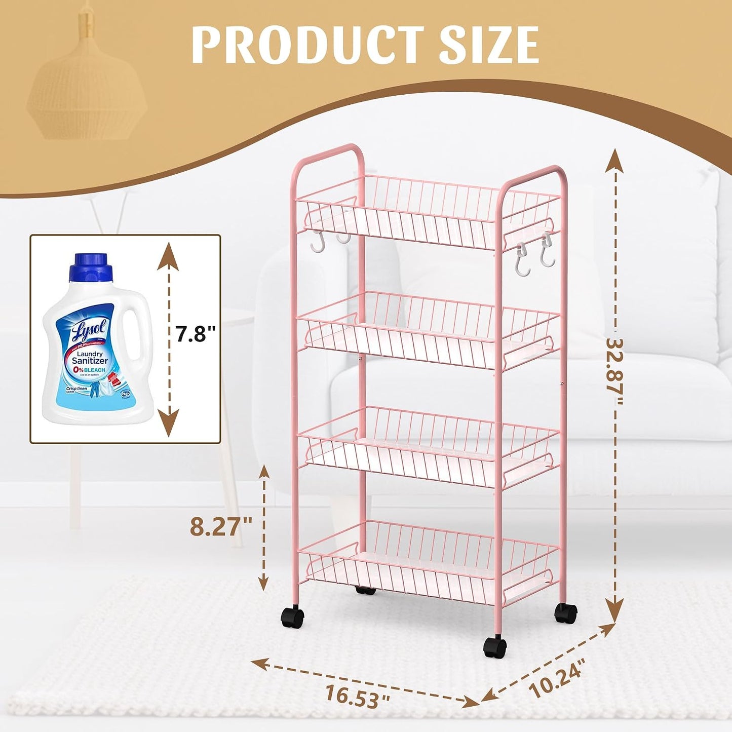 PLKOW 4-Tier Metal Rolling Utility Cart, Multi-Functional Storage Cart for Office, Living Room, Kitchen, Bathroom, Lightweight Organizer Cart with Wheels, White