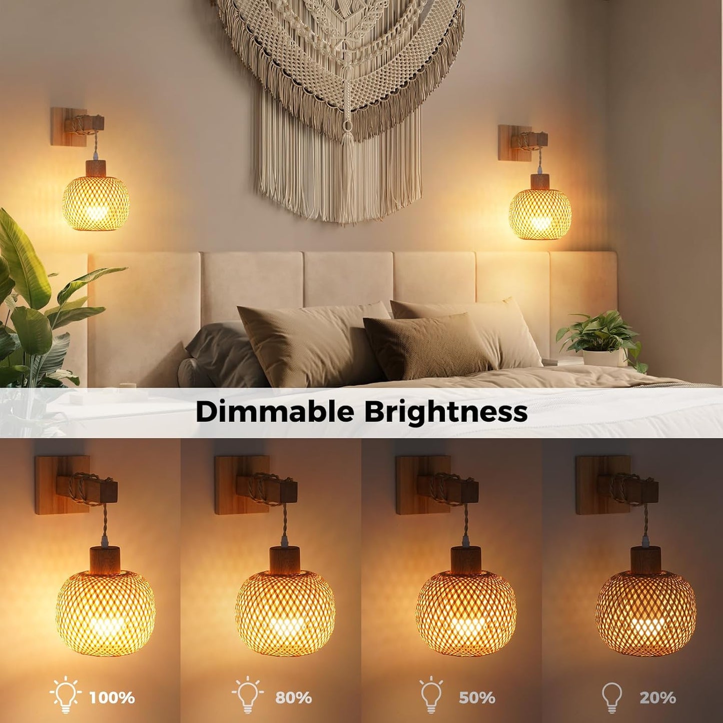 Battery Operated Wall Sconce with Remote Set of 2, Rechargeable Rattan Wall Sconces with 8000mAh Bulbs, Woven Bamboo Wall Light/Lamp Boho Wall Sconce for Bedroom (Black)