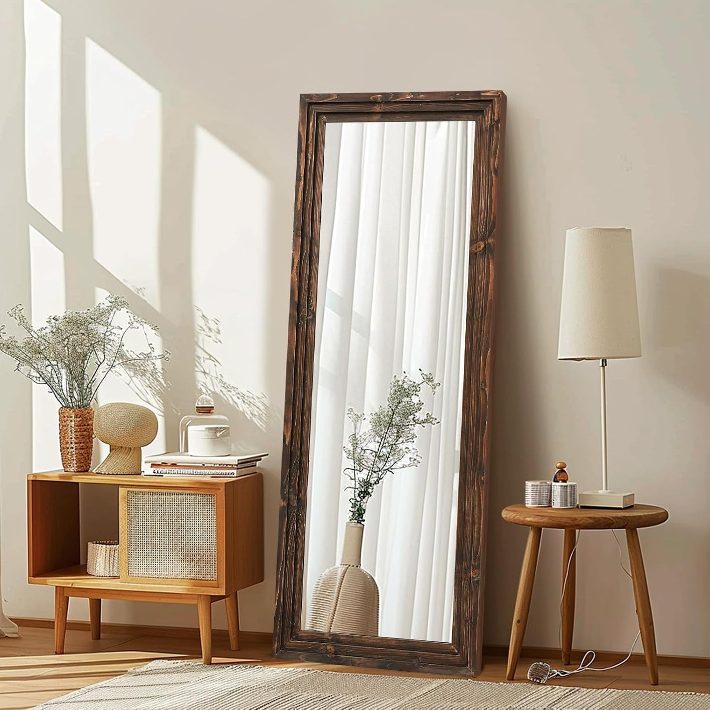Full Length Mirror 65"x22" with Stand Solid Wood Frame Floor Large Mirror for Living Room, Bedroom Hanging Standing or Leaning Wall-Mounted, New Black