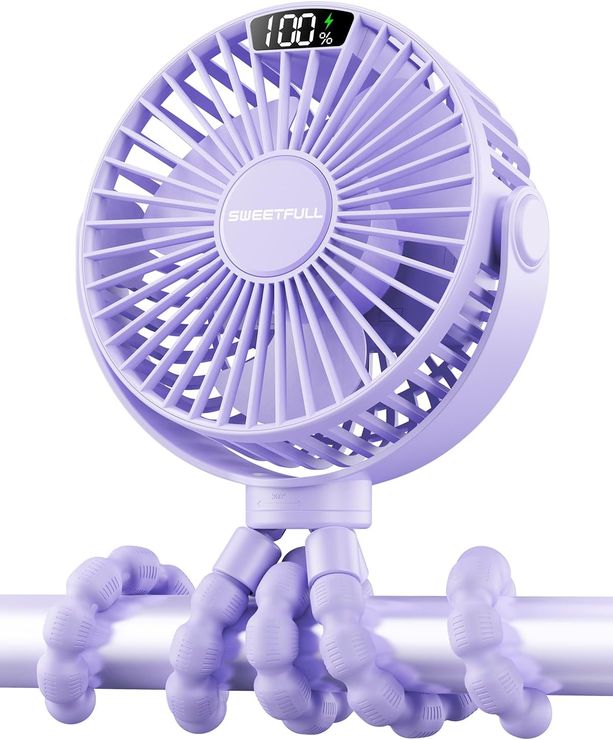 SWEETFULL [2026 Upgrade Portable Stroller Fan with LED Display, 4 Speed Rechargeable Mini Clip On Fan, 360° Rotate Flexible Tripod Better Cooling Small Baby Fan for Car Seat Crib Travel Treadmill