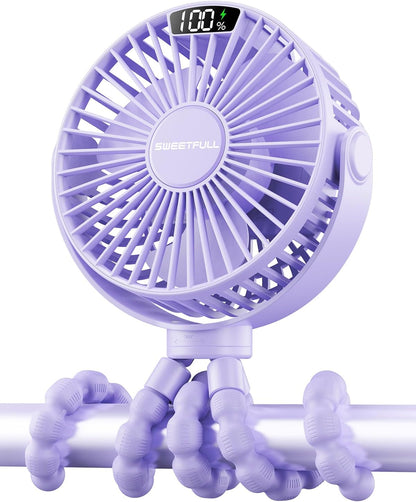 SWEETFULL [2026 Upgrade Portable Stroller Fan with LED Display, 4 Speed Rechargeable Mini Clip On Fan, 360° Rotate Flexible Tripod Better Cooling Small Baby Fan for Car Seat Crib Travel Treadmill