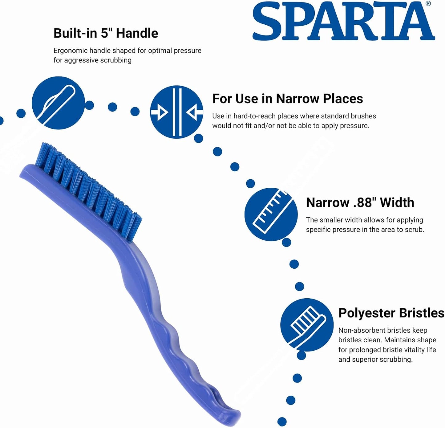 SPARTA Flo-Pac Grout Brush with Nylon Bristles, Scrubber with Handle for Bathroom and Kitchen Tile, 8", White