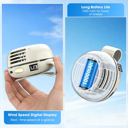 Portable Silent Mini Bladeless Fan Clip On, Small Fan Clip on for Shirt & Waist, 5-Speed Adjustable, Suspended Whirlwind Fan with HD Display Screen, For Outdoor Travel Office(Green)