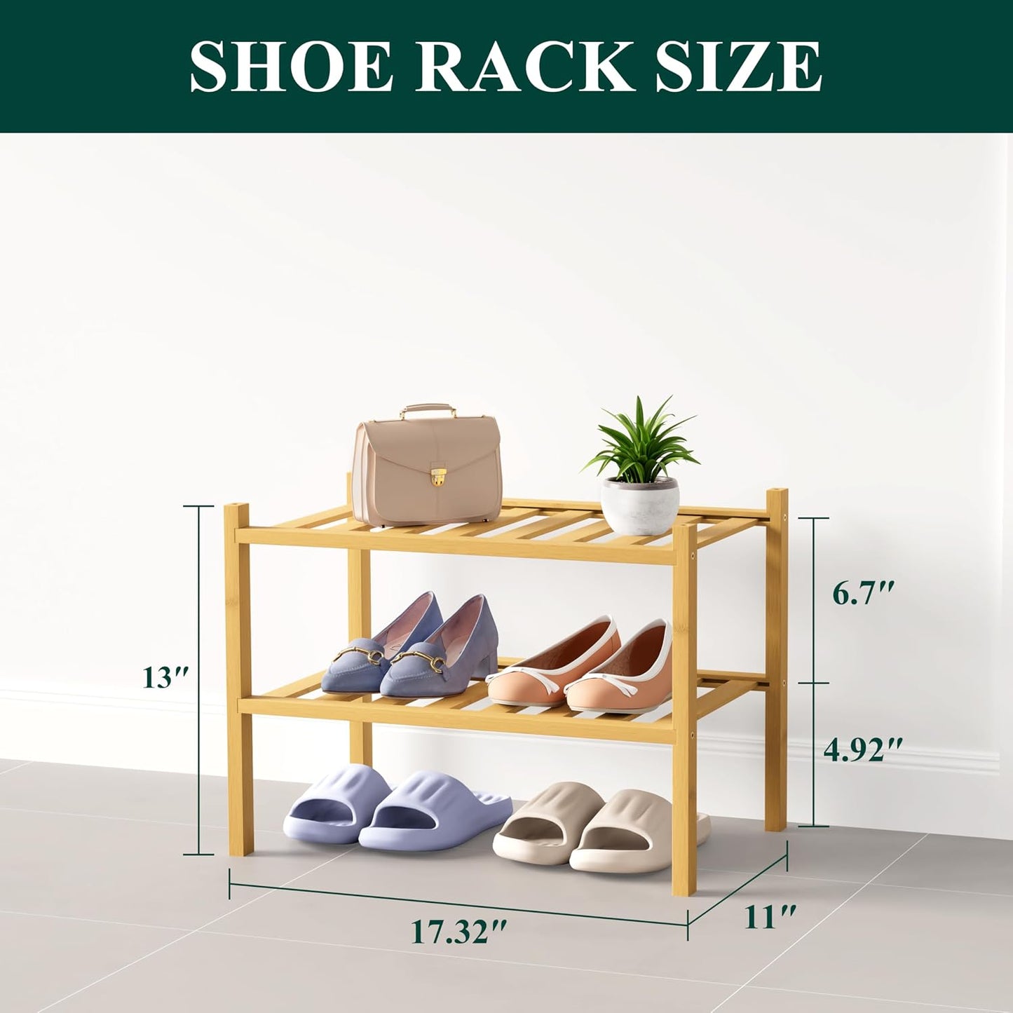 Smiry Bamboo Shoe Rack for Closet, 3 Tier Wooden Shoe Organizer, Stackable Wood Shoe Storage Shelf for Entryway, 14 Vertical Slats, One-piece Heavy-Duty Legs, 26.77"x11.02"x18.31", Natural